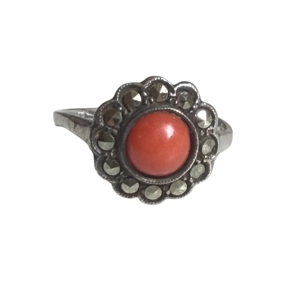 Vintage 835 Silver Red Coral Marcasite Scalloped‎ Halo DO NOT BUY